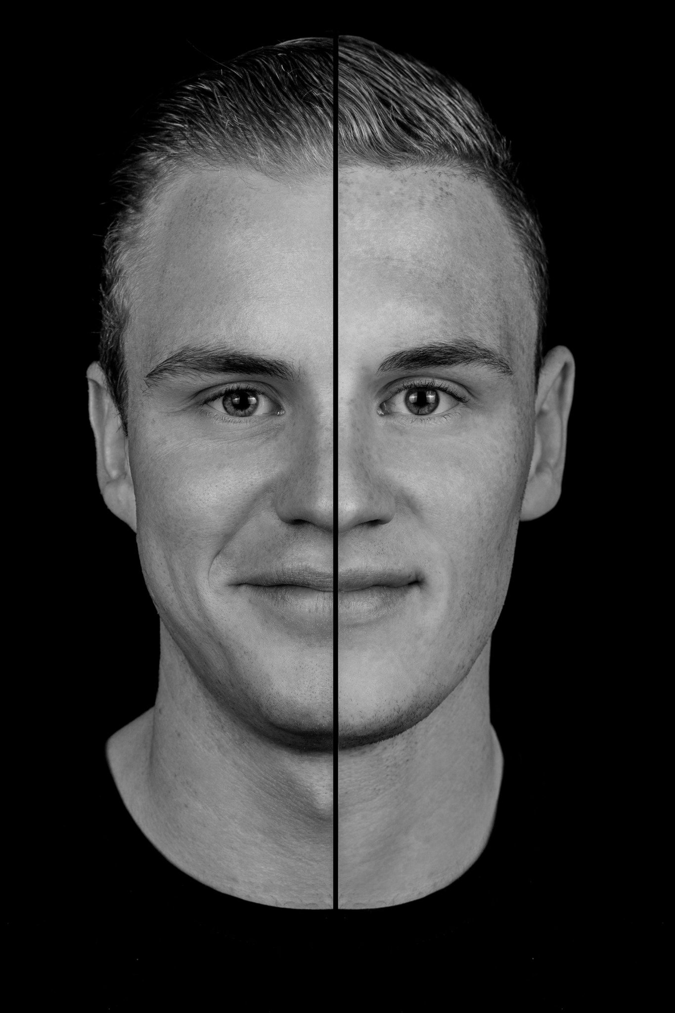 Serieus 2-in-1 portret van dezelfde twee mannen als op de Side by Side
