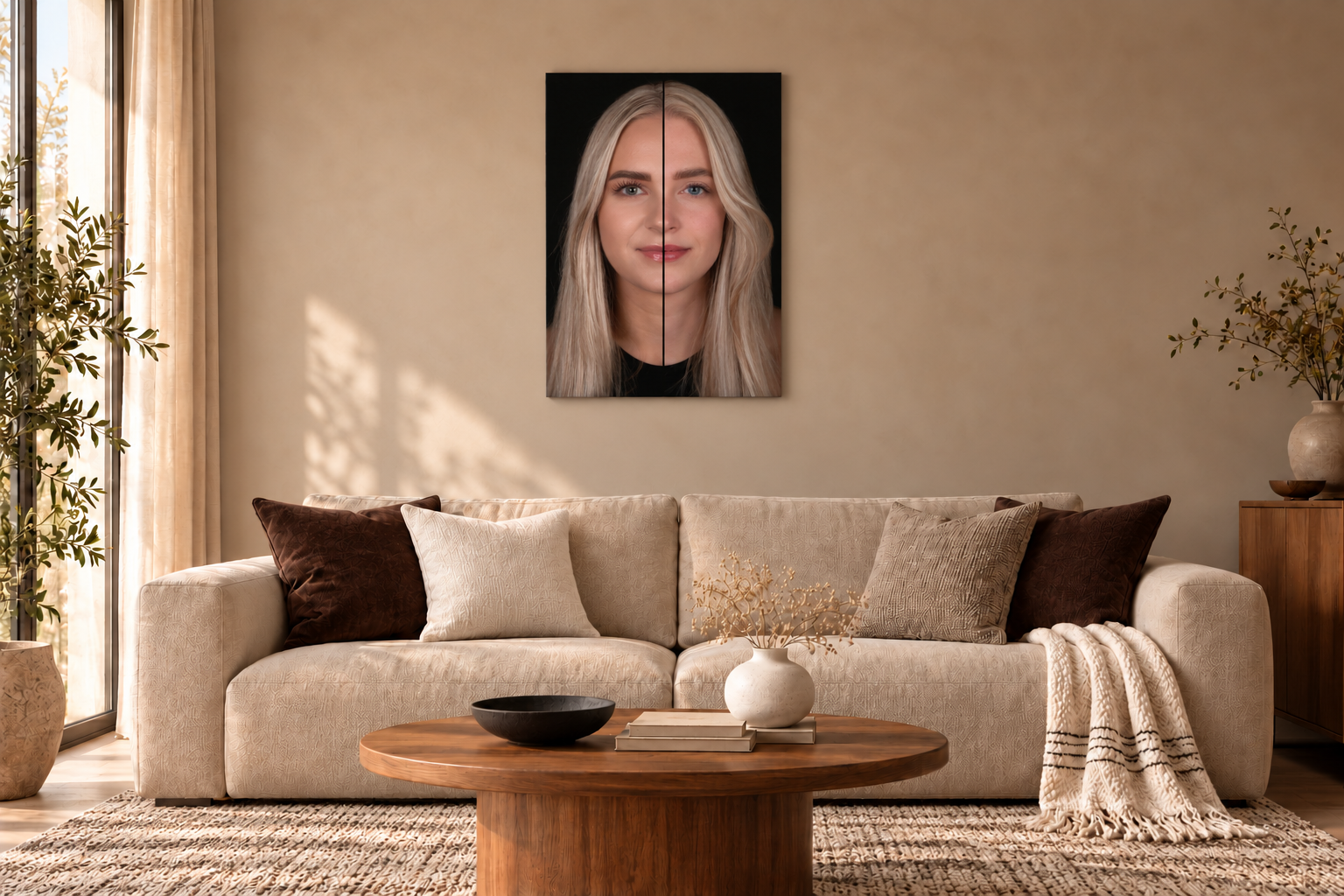 Een staand 2-in-1-portret van twee blonde zussen boven een lichte bank met donkerbruine kussens