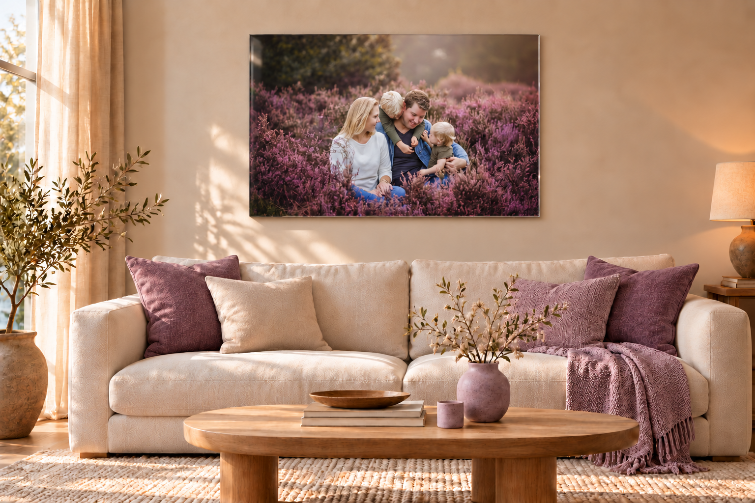 Een gezinsfoto van ouders met hun twee kinderen in de paarse heide, op acrylglas boven een lichte bank met heidepaarse kussens en accessoires