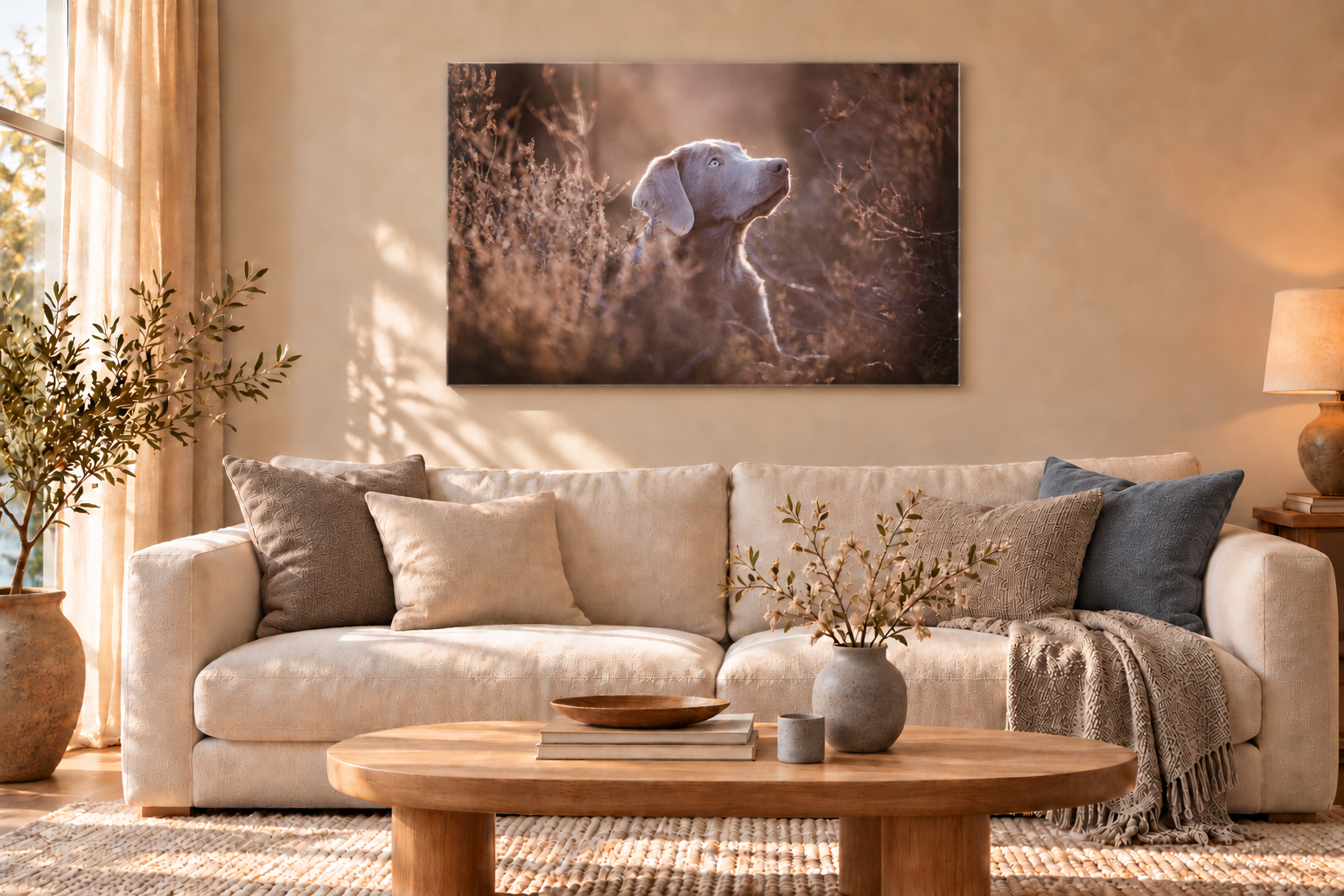 Een foto van een hond in de heide op acrylglas boven een lichte bank met taupe en grijsblauwe kussens en bijpassende accessoires
