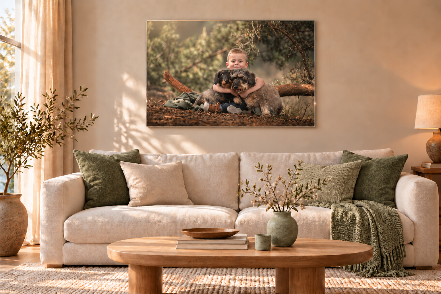 Een foto van een jongetje dat twee honden knuffelt in het bos, op acrylglas boven een lichte bank met groene kussens en accessoires